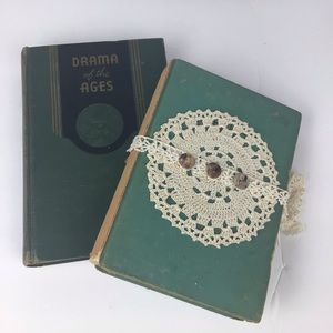 Pair of vintage green books with crochet accent.